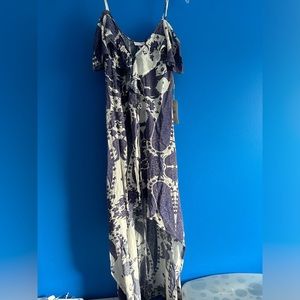 Off-White and Blue Paisley Pattern Long Dress